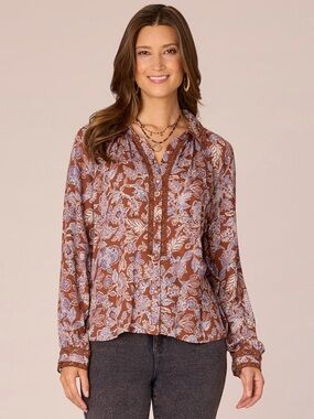 Democracy Brown Floral Button-Down Shirt with Light Blue Accents
